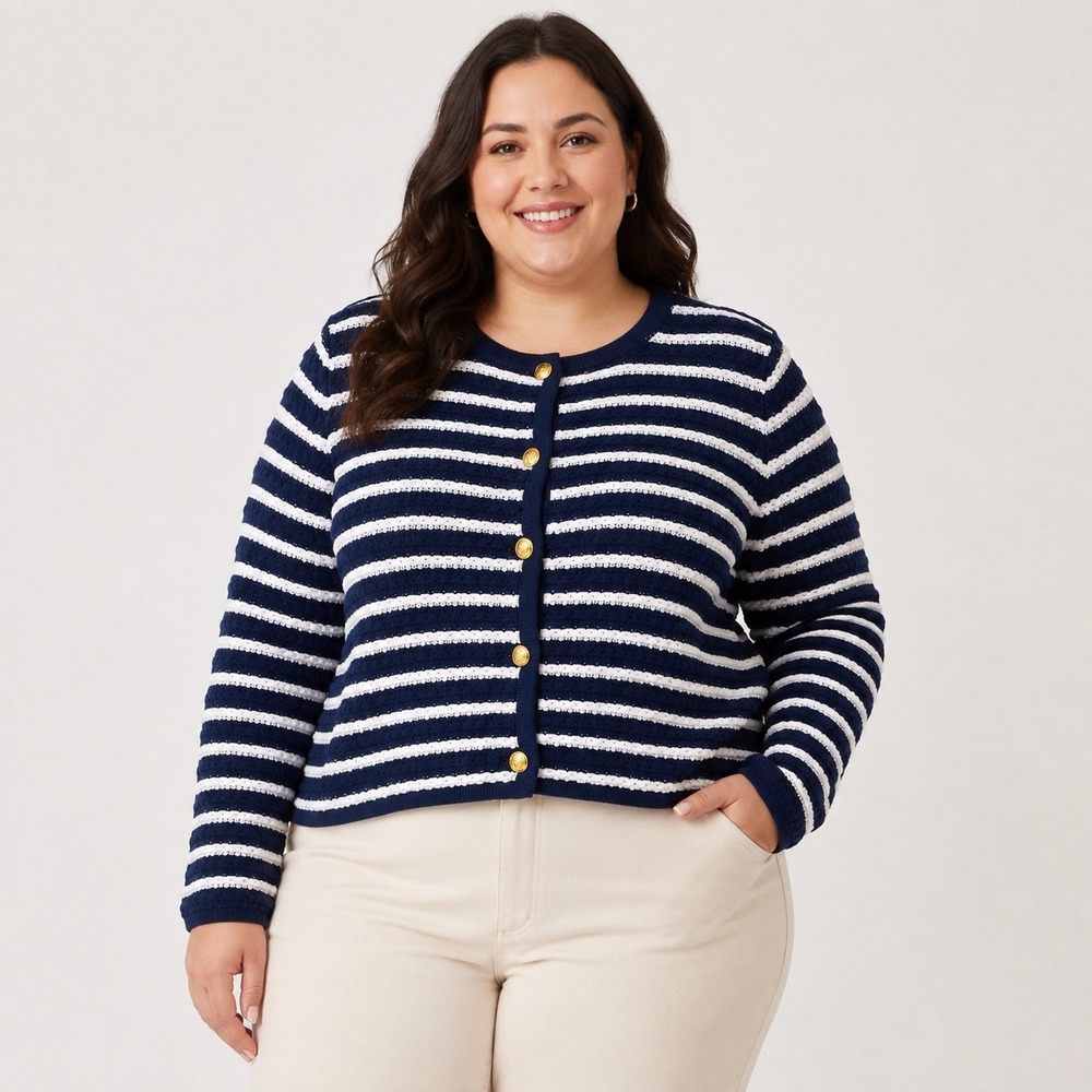 Gap Womens 2XL Cardigan Navy White Striped Cotton Gold Button Nautical Fisherman